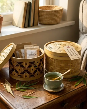 Bamboo Storage Basket with Lid Natural Home Decor