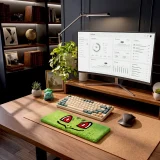 Hand tufted green Bulbasaur style wrist rest placed on a bright desk beside plants, a keyboard, a mouse, a small figurine, and a scenic monitor display.