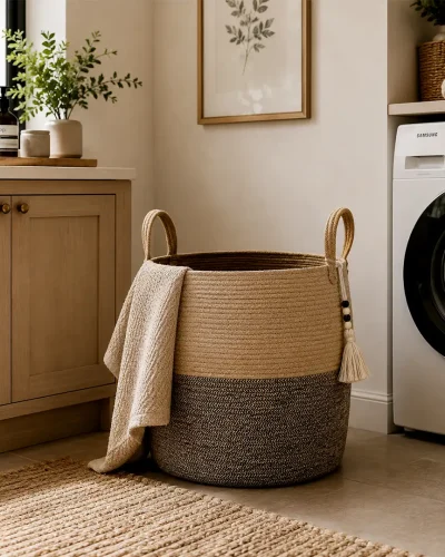 Handcrafted Dual-Tone Jute Laundry Basket with Tassel Charm
