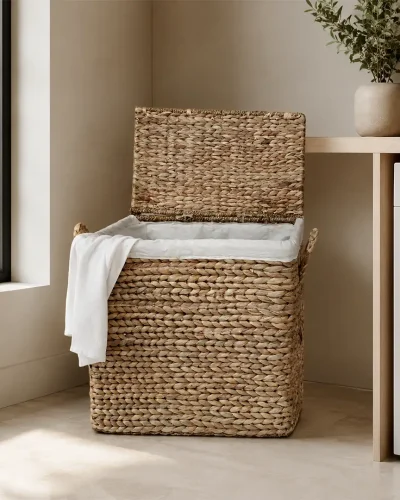 Handcrafted Water Hyacinth Laundry Storage Hamper with Lid
