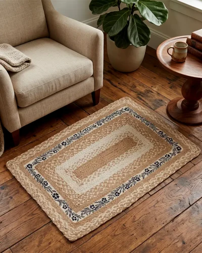 Eco-Friendly Artisanal Braided Rug with Floral Border