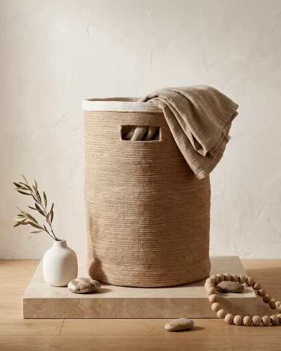 Handcrafted Jute Laundry Basket with Cut-Out Handles
