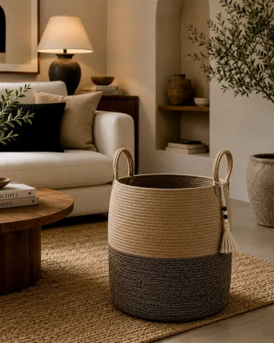 Handcrafted Dual-Tone Jute Laundry Basket with Tassel Charm