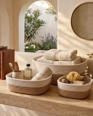 Handcrafted Dual-Tone Jute & Cotton Storage Basket Set