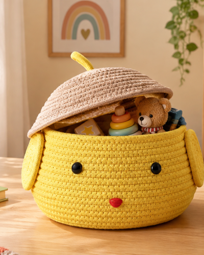 Handcrafted Cute Chick Cotton Rope Storage Basket with Lid