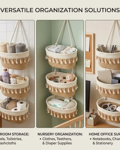 3-Tier Handcrafted Hanging Storage Basket Set – Eco-Friendly Woven Wall Organizer Bins