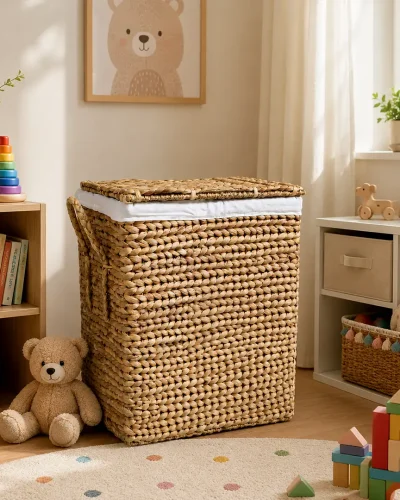 Handcrafted Water Hyacinth Laundry Storage Hamper with Lid