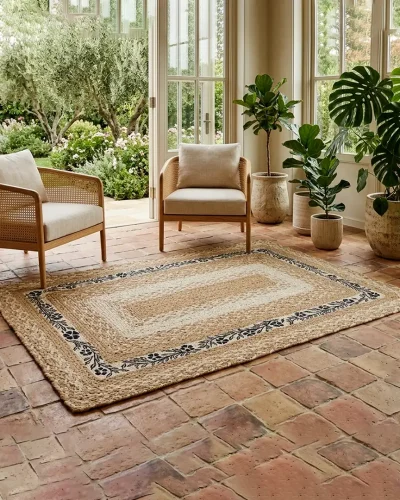 Eco-Friendly Artisanal Braided Rug with Floral Border