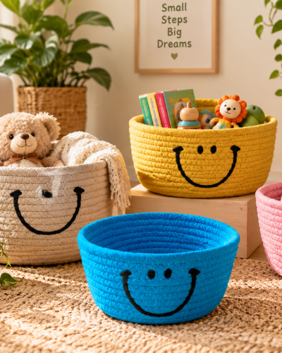 Handcrafted Smiley Cotton Rope Storage Basket