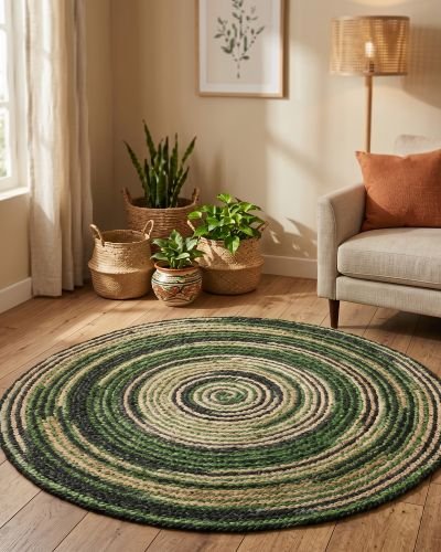 Forest Green & Natural Round Braided Jute Rug
