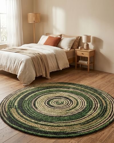 Forest Green & Natural Round Braided Jute Rug