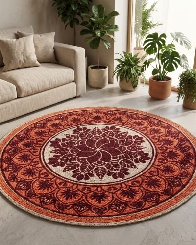 Artisan Bangla Premium Handprinted Terracotta & Deep Maroon Mandala Jute Rug
