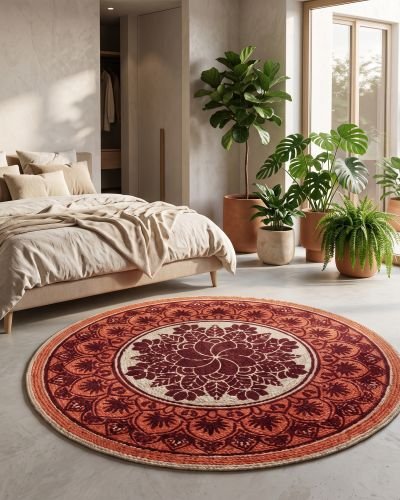Artisan Bangla Premium Handprinted Terracotta & Deep Maroon Mandala Jute Rug