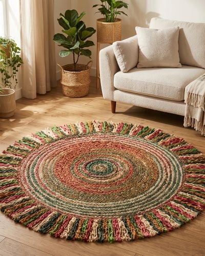 Artisan Bangla Premium Handcrafted Multi-Color Spiral Jute Rug with Fringed Border