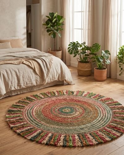 Artisan Bangla Premium Handcrafted Multi-Color Spiral Jute Rug with Fringed Border