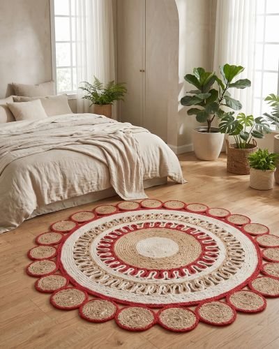 Crimson Red & Natural Jute Scalloped Medallion Rug