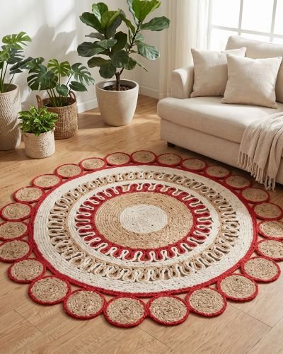 Crimson Red & Natural Jute Scalloped Medallion Rug