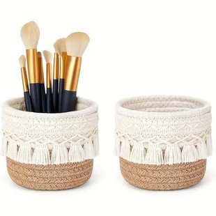 Handcrafted Boho Jute & Cotton Storage Basket with Macrame Tassel