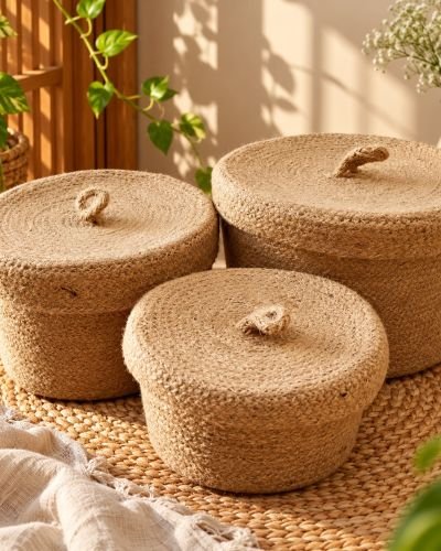 Handcrafted Natural Jute Storage Basket Set with Lids