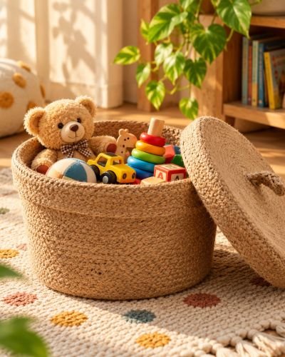Handcrafted Natural Jute Storage Basket Set with Lids