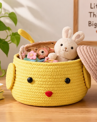 Handcrafted Cute Chick Cotton Rope Storage Basket with Lid