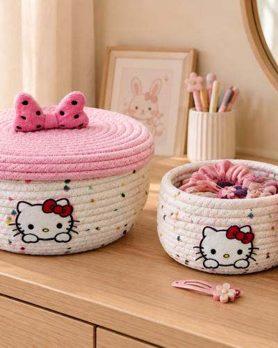 Handcrafted Kitty Cotton Rope Storage Basket with Lid