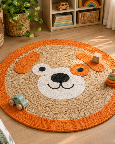 Handwoven Dog Face Kids Jute Rug