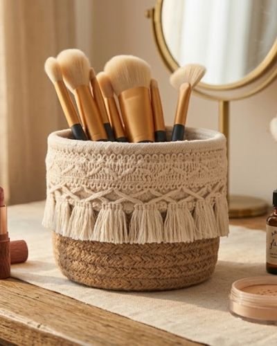 Handcrafted Boho Jute & Cotton Storage Basket with Macrame Tassel