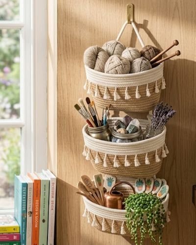 3-Tier Handcrafted Hanging Storage Basket Set – Eco-Friendly Woven Wall Organizer Bins